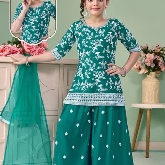 Teal Green with White Sharara Set