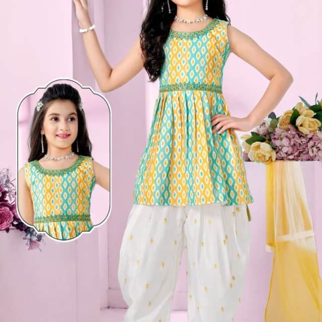 Yellow, Teal, White Kurta Set
