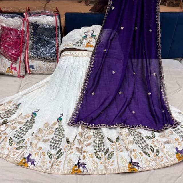 White, Purple, Gold, Green, Blue Lehenga Choli