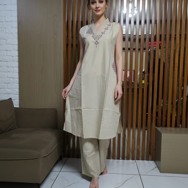 Beige, Pink, Grey Kurta Set