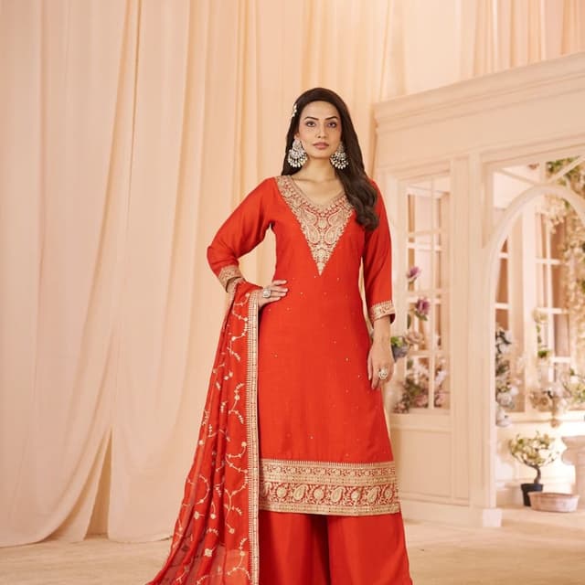 Vibrant Red with Gold Embellishments Salwar Kameez Set