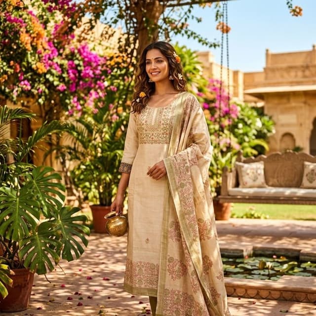 Cream, Beige, Pink, Green Salwar Kameez Set