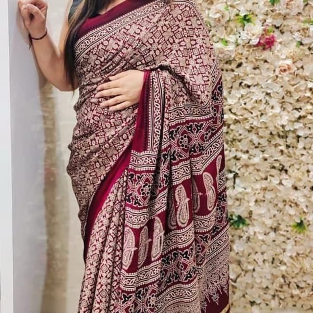 Maroon, Beige, Black, Gold Saree