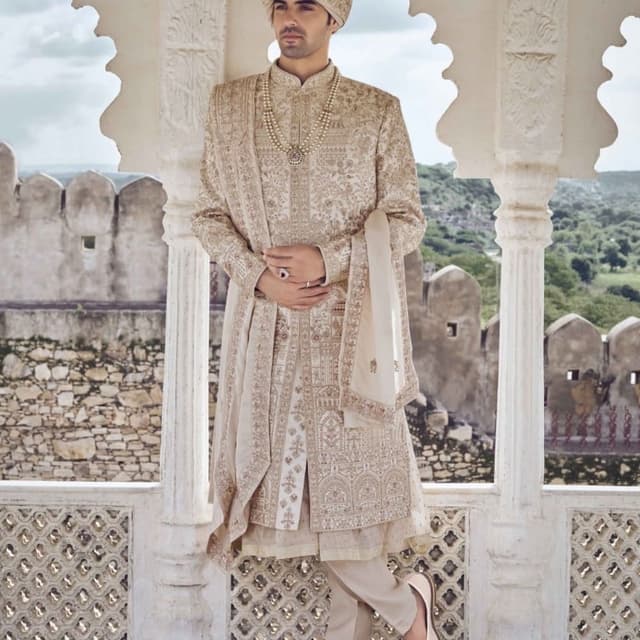 Cream, Gold, Beige Sherwani with Churidar