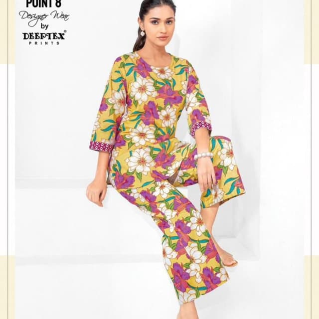 Yellow, Purple, White, Green Co-ord Set (Top and Pants)