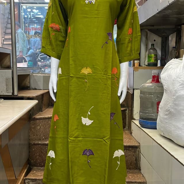 Olive Green with multi-colored floral embroidery Kurta and Palazzo Set
