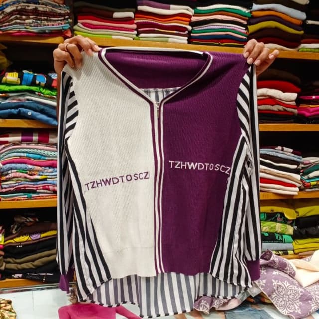 White, Purple, Black, White Stripes Cardigan