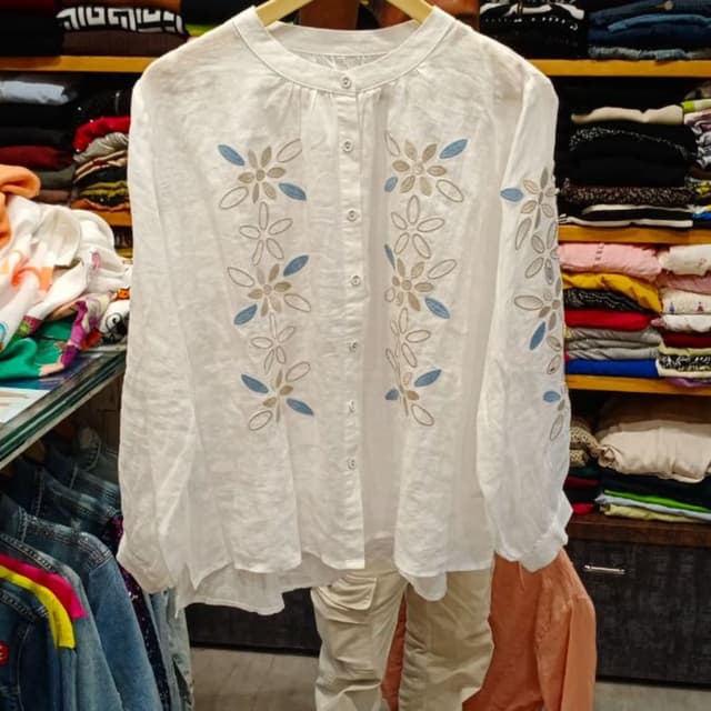 White with blue and beige floral embroidery Shirt
