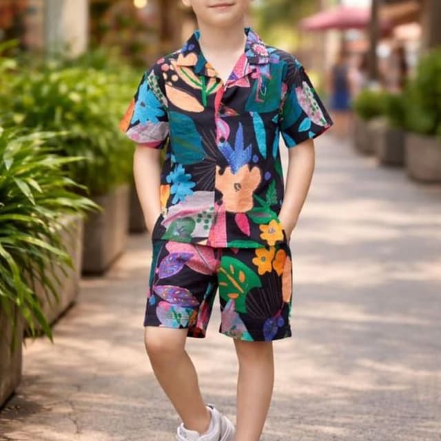 Black with multi-colored floral and leaf print (blue, pink, orange, green, yellow) Shorts set (Shirt and Shorts)