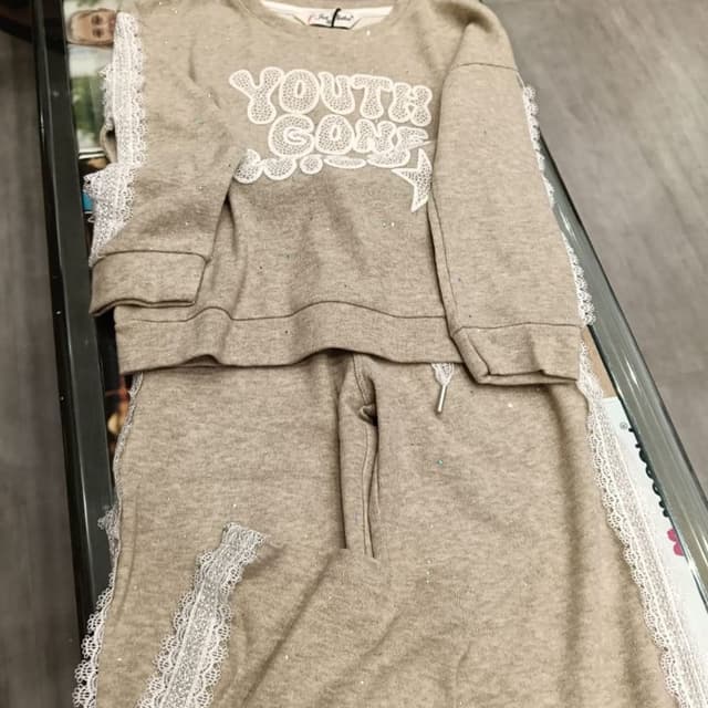 Beige with white and subtle blue/green glitter accents Tracksuit (Sweater and Pants)