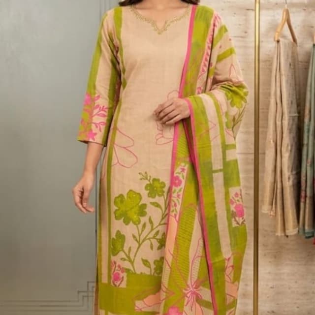 Beige, Green, Pink Salwar Kameez Set
