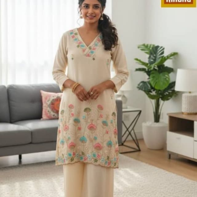 Cream, Pink, Teal, Green Kurta and Palazzo Set
