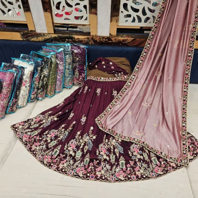 Deep Plum, Dusty Rose, White, Gold, Pink, Green Lehenga Choli