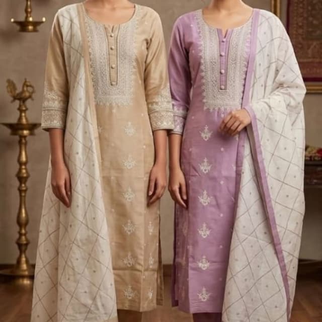 Beige, Lavender, White, Gold Kurta Set with Dupatta