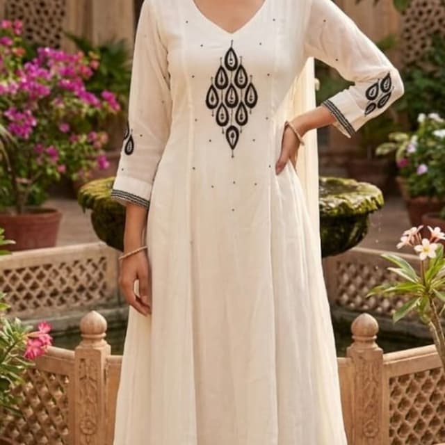 Off-white with black embroidery Anarkali Suit