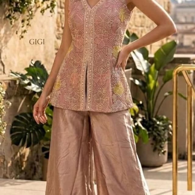 Rose gold and dusty pink with hints of yellow Peplum top and palazzo pants set