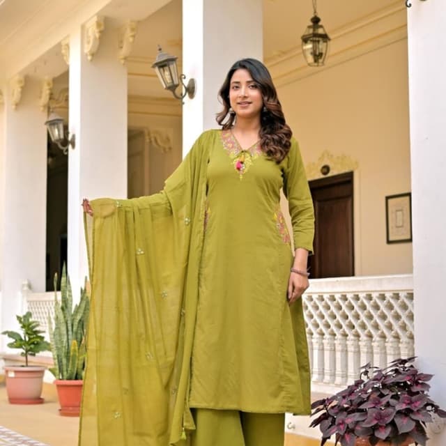 Olive Green, Pink, Yellow, Green Kurta Set with Palazzo and Dupatta