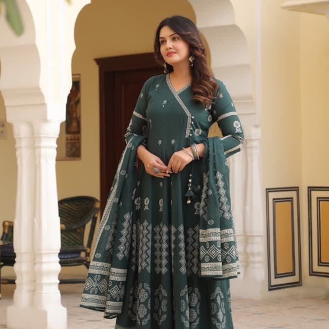 Deep Green with White/Silver Print Anarkali Suit Set