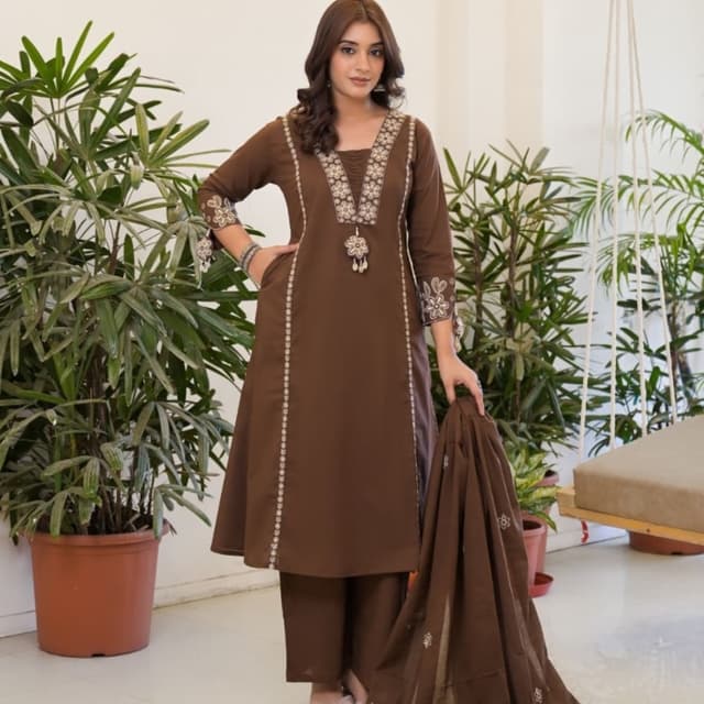 Brown with white/cream embroidery Kurta set with dupatta