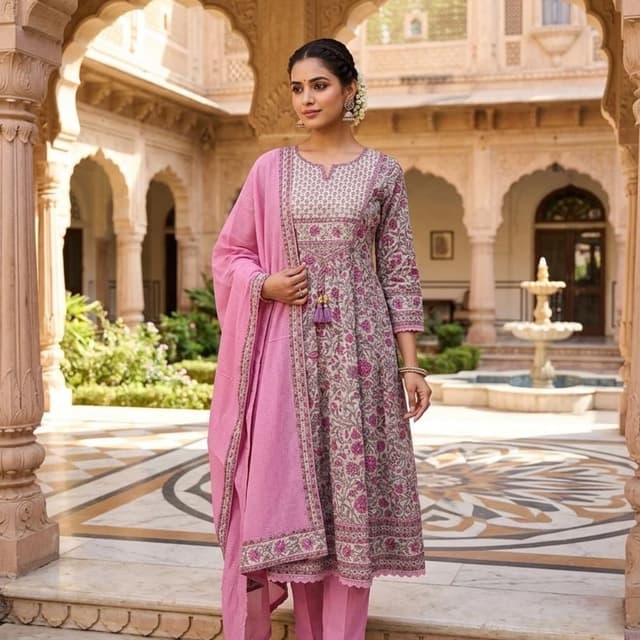 Pink, Beige, Purple Anarkali Suit Set