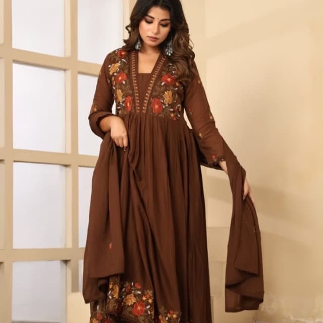 Brown with floral embroidery in red, orange, yellow, and green Anarkali Suit Set with Dupatta and Pants