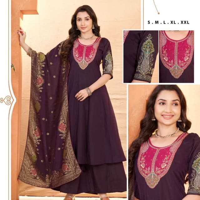 Deep purple with intricate gold, pink, and green embroidery Anarkali Suit with Dupatta