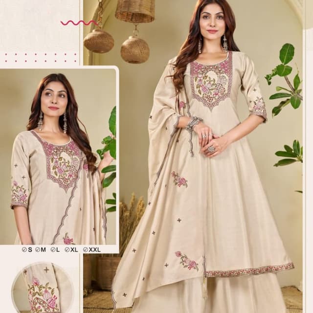 Beige with pink and green embroidery Anarkali Suit Set with Palazzo Pants and Dupatta