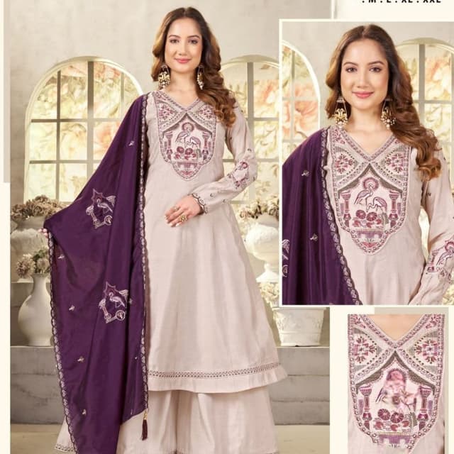Beige and deep purple Anarkali suit with palazzo and dupatta