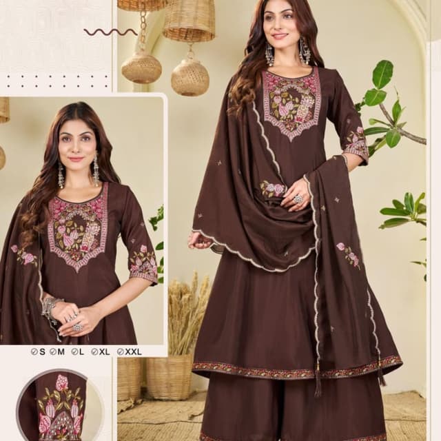 Brown, Pink, Green, White Kurta Set with Palazzo Pants and Dupatta