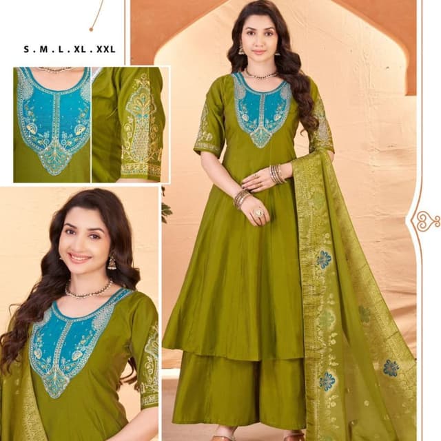 Olive green, Teal blue, Gold accents Anarkali Suit with Palazzo and Dupatta