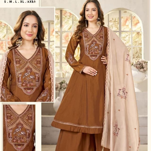 Brown, Beige, Maroon, White Kurta Set with Palazzo Pants and Dupatta