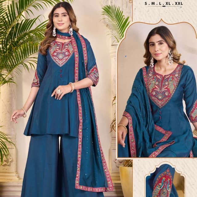 Teal blue with red, gold, and green embroidery Kurta set with palazzo pants and dupatta