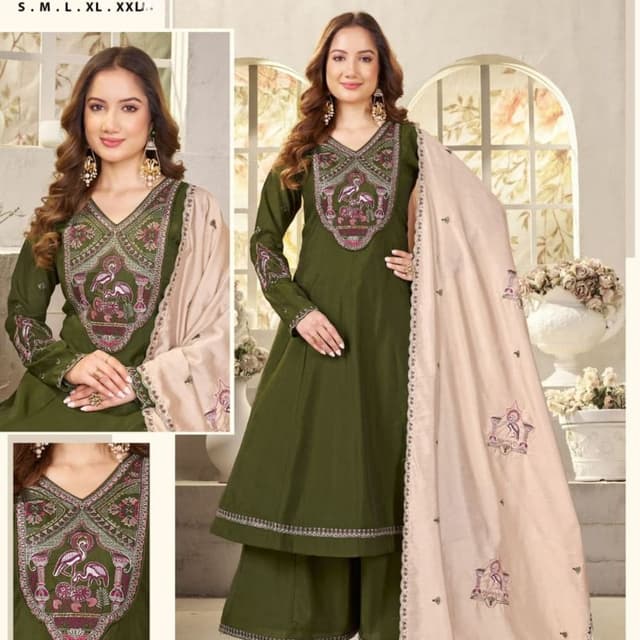 Olive green, beige, pink, purple Kurta with palazzo and dupatta