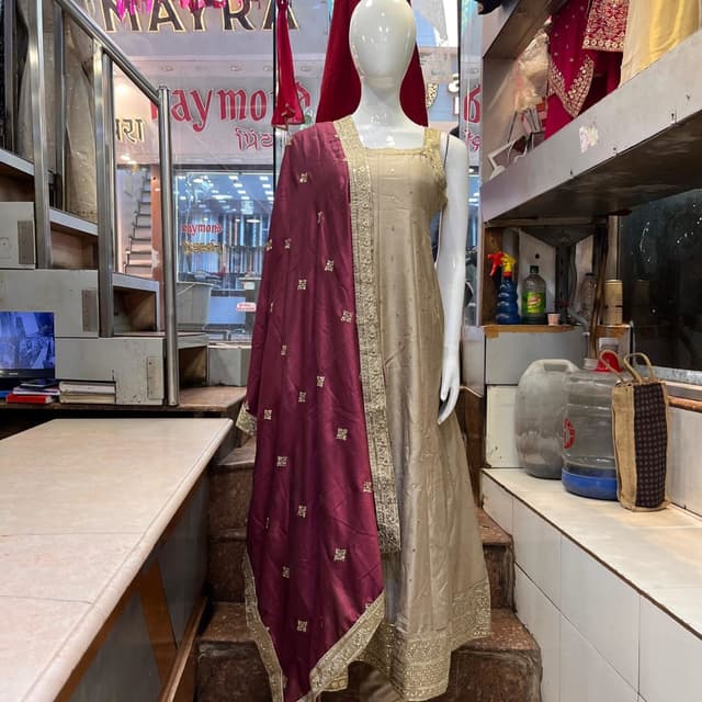 Beige, Maroon, Gold Salwar Kameez