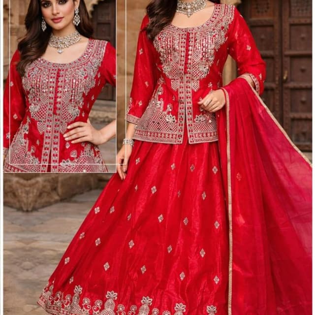 Red, Silver Lehenga Choli