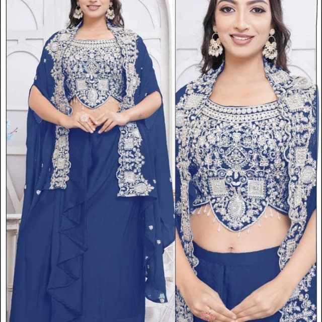 Deep Blue with Silver Embellishments Lehenga Choli with Jacket
