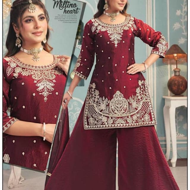 Maroon with gold and white embellishments Kurti with Palazzo Pants