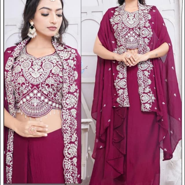 Deep magenta with silver embellishments Lehenga Choli with cape