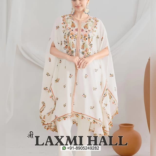 White with multicolor floral embroidery Kaftan and Pants Set