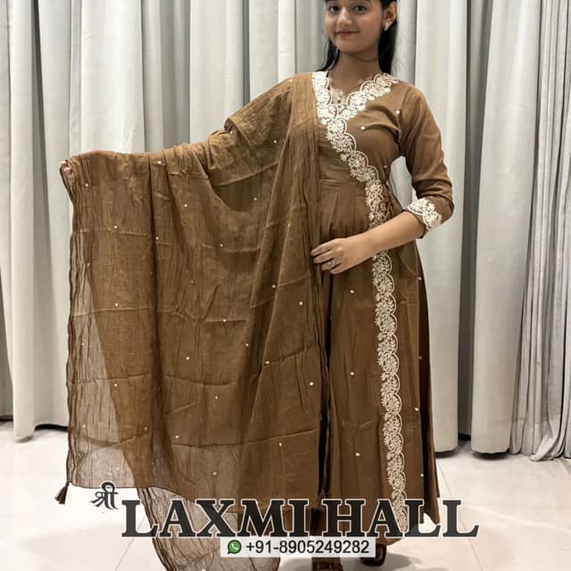 Brown with white embroidery Kurta with Dupatta