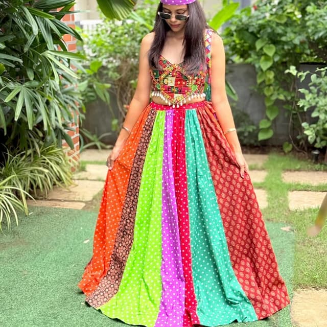 Multicolor (Red, Orange, Green, Purple, Pink, Brown with White and Black accents) Lehenga Choli