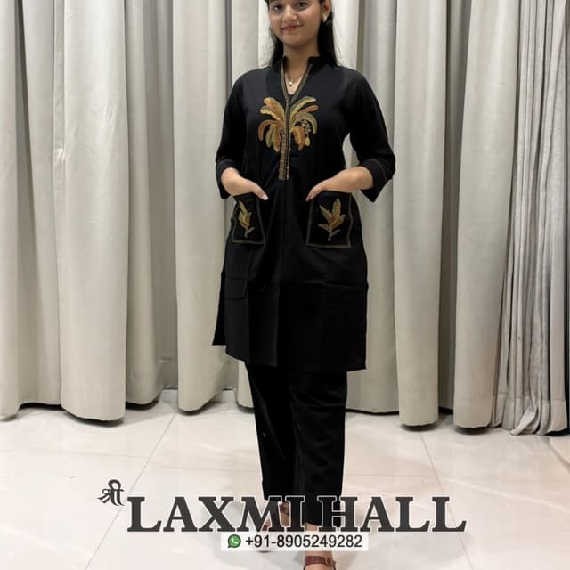 Black with gold and green embroidery Kurta Set