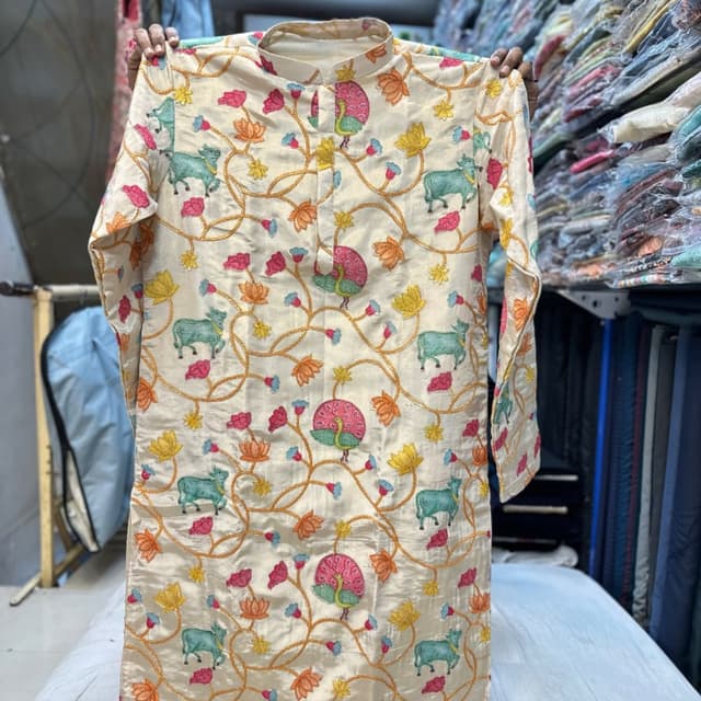 Cream, teal, pink, orange, yellow, blue Kurta