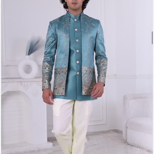 Teal, Cream, Gold Sherwani Set
