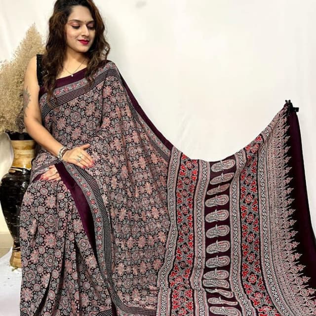 Dark Burgundy, Pink, Black, White, Red Saree
