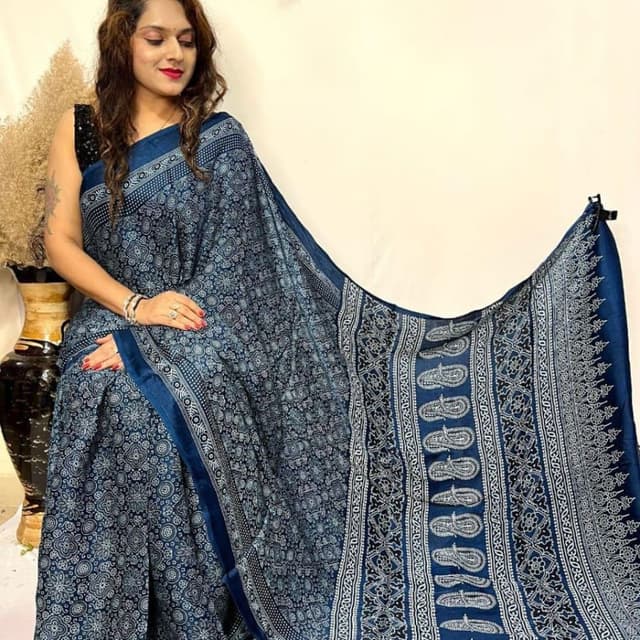 Navy Blue and White Saree