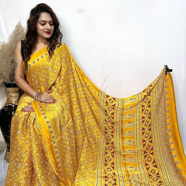 Yellow with maroon and white accents Saree