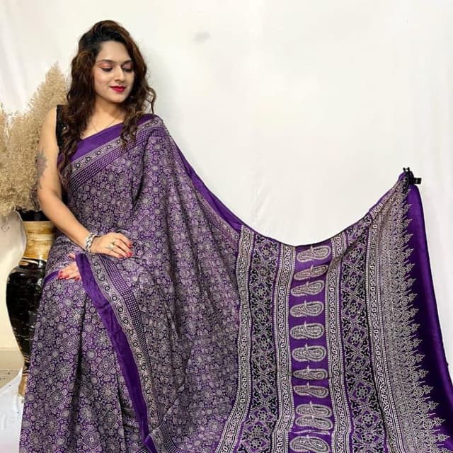 Purple with white and black prints Saree
