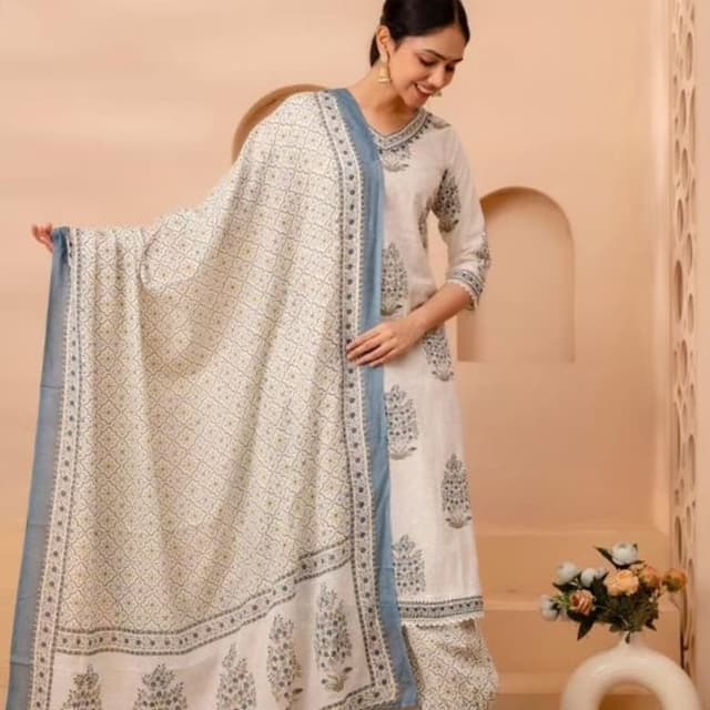 Off-white with blue prints Salwar Kameez Set