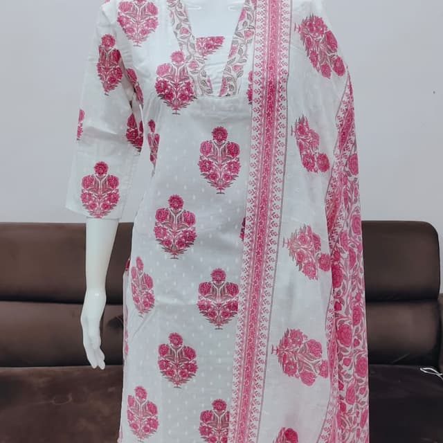 White with pink floral print Kurta Set with Dupatta